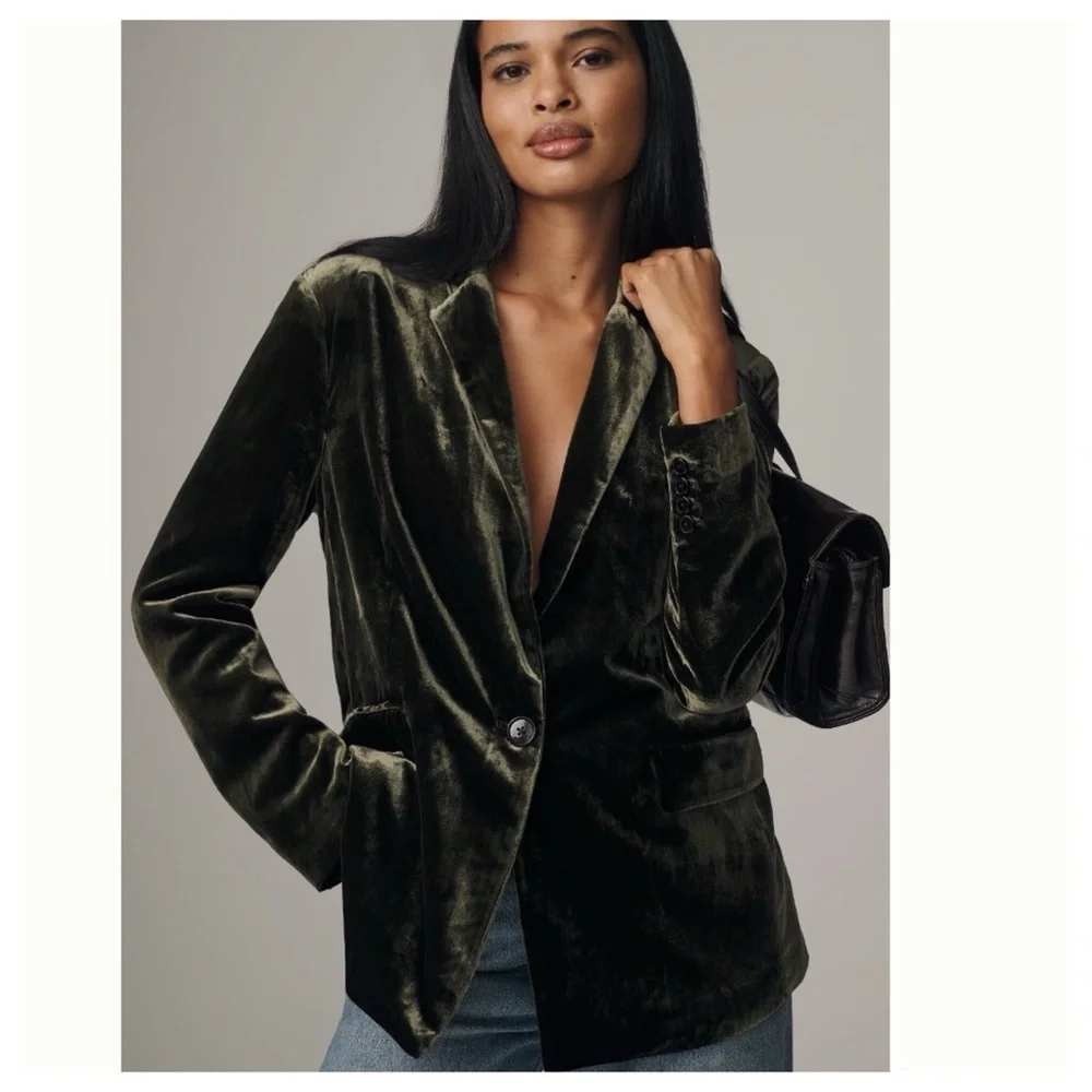 Maeve Anthropologie Green Velvet Blazer Single Button Moss Green Jacket Womens M